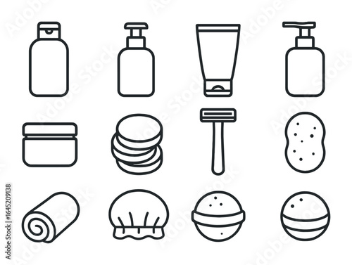 Personal Care Icons. Outline icon set of personal care products: shampoo bottle, body wash, face cleanser,