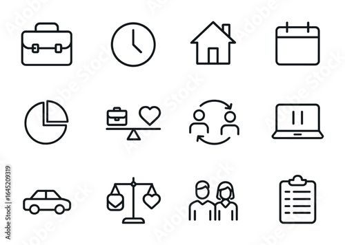 Work-Life Balance Icons. Outline icon set of balancing career and marriage: office bag, clock icon, home icon,