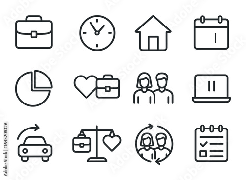 Work-Life Balance Icons. Outline icon set of balancing career and marriage: office bag, clock icon, home icon,