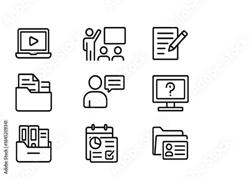 Educational Portal Icons. Outline icon set of educational portals: e-learning icon, virtual classroom, lecture