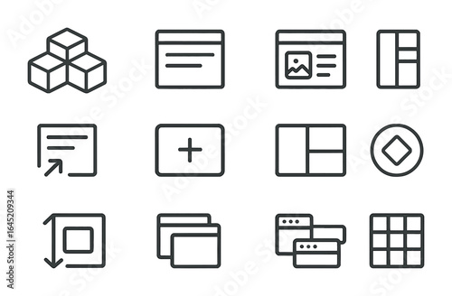 Component Design Icons. Outline icon set of component-based design: reusable blocks, header module, responsive
