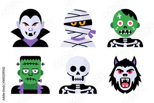 Vampire mummy zombie character set, frankenstein skeleton werewolf, halloween avatar icons, flat vector illustration, spooky design elements