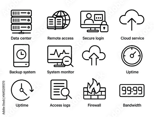 Virtual Library Icons. Outline icon set of virtual library infrastructure: data center, remote access, secure
