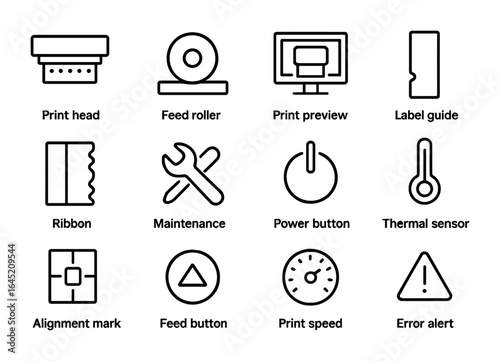 Thermal Printer Icon Set. Outline icon set of thermal printing equipment: print head, feed roller, print
