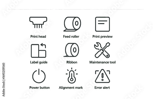 Thermal Printer Icon Set. Outline icon set of thermal printing equipment: print head, feed roller, print