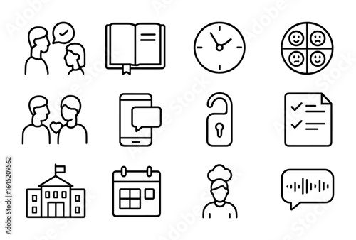 Teen-Parent Icon Set. Outline icon set of teen-parent communication: check-in talk, journal icon, curfew clock