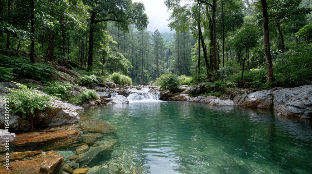 Naklejka premium Dappled Sunlight Across Jungle Stream and Rocks