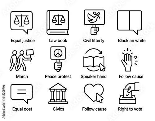 Civil Rights Icons Set. Outline icon set of civil rights awareness on social media: equal justice icon, law