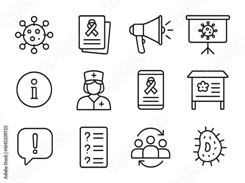 Public Health Icon Set. Outline icon set of public health awareness: virus icon, awareness flyer, speakerphone