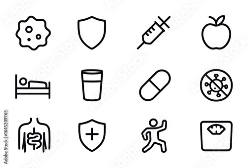 Immune Defense Icons. Outline icon set of immune defense and health: white blood cell, shield icon, vaccine