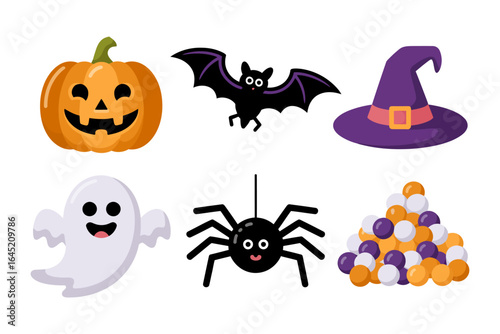 Jack o lantern bat and hat collection, ghost and spider icons, candy pile elements, halloween sticker vector, kids party clipart