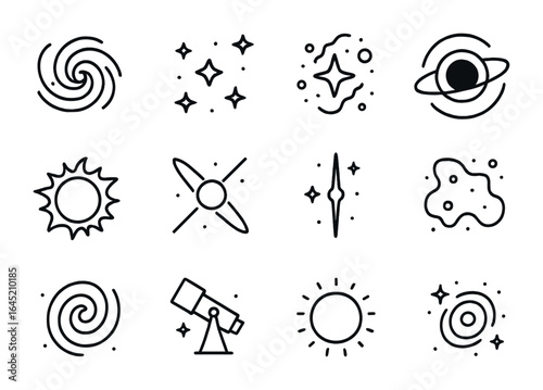 Galactic Phenomena Icons. Outline icon set of galactic phenomena: spiral galaxy, star cluster, cosmic dust,