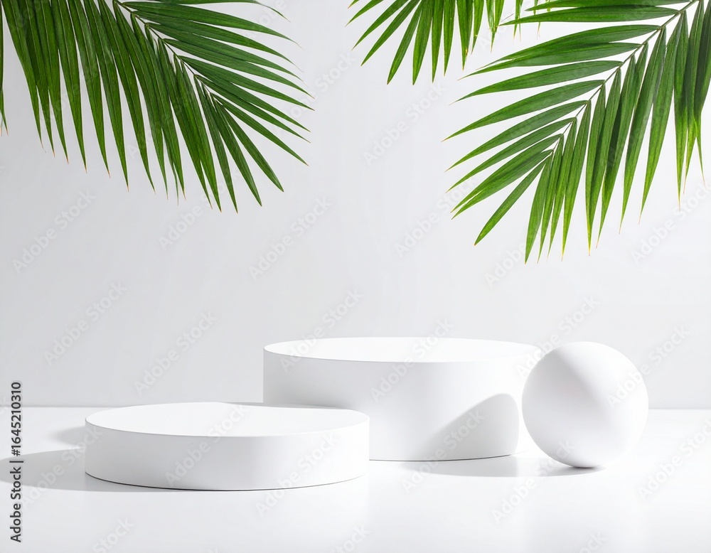 Obraz premium 미니멀 화이트 포디움과 야자 잎 Minimal White Podium with Palm Leaves