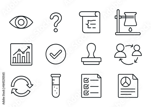 Scientific Method Icons. Outline icon set of scientific method process: observation icon, question mark,