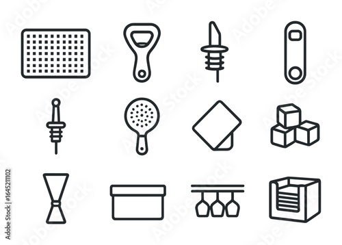 Bar Tools Icon Set. Outline icon set of bar tools and accessories: bar mat, bottle opener, pour spout, bar