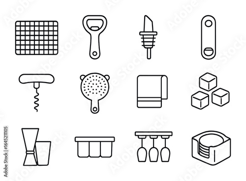 Bar Tools Icon Set. Outline icon set of bar tools and accessories: bar mat, bottle opener, pour spout, bar