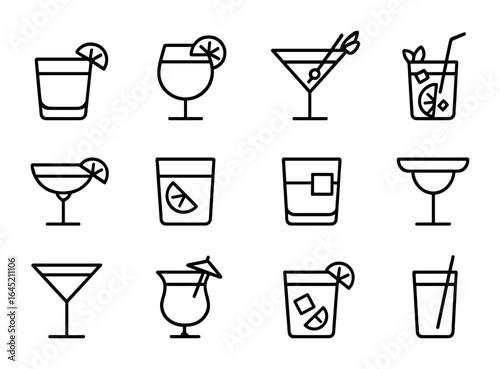 Cocktail Icon Grid. Outline icon set of cocktail categories: sour cocktail, spritz, martini, mojito, daiquiri,