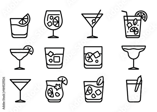 Cocktail Icon Grid. Outline icon set of cocktail categories: sour cocktail, spritz, martini, mojito, daiquiri,