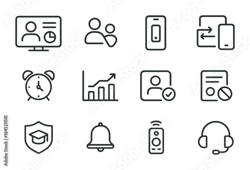 Digital Parenting Icons. Outline icon set of digital parenting tools: parent dashboard, family link icon,