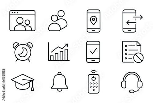 Digital Parenting Icons. Outline icon set of digital parenting tools: parent dashboard, family link icon,