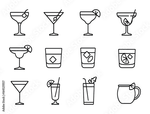 Classic Cocktails Icons. Outline icon set of classic cocktails: Manhattan, martini, daiquiri, mojito,