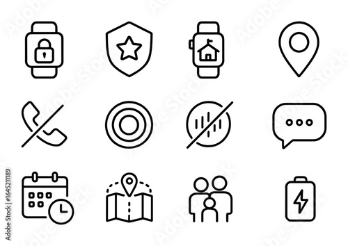 Parental Control Icons. Outline icon set of parental controls for wearables: smart watch lock, fitness badge,