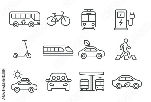 Sustainable Transportation Icons. Outline icon set of sustainable transportation: electric bus, bicycle icon,
