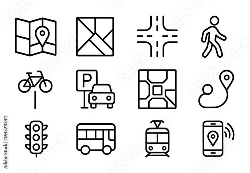 Urban Mobility Icons. Outline icon set of urban mobility planning: city map, zoning plan, intersection icon,