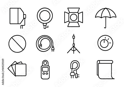 Photography Lighting Icons. Outline icon set of photography lighting tools: softbox, ring light, barn doors,
