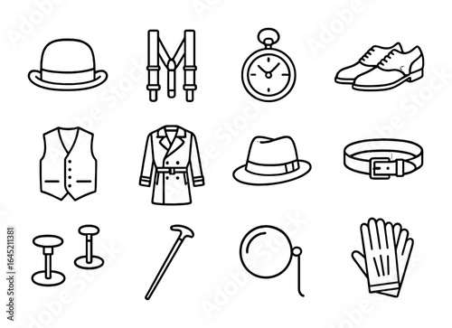 Classic Men's Fashion Icons. Outline icon set of classic men’s fashion: bowler hat, suspenders, pocket watch,