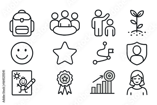 Youth Resilience Icons. Outline icon set of resilience in youth: school backpack, peer circle, guidance icon,