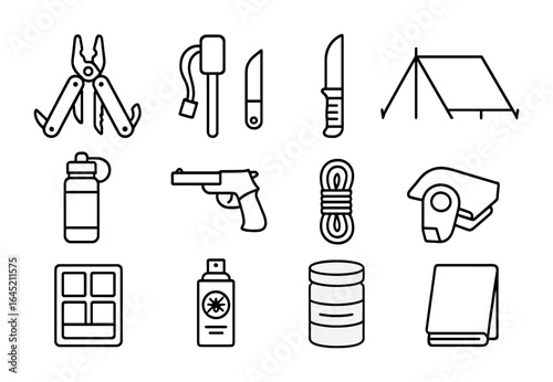 Survival Tools Icons. Outline icon set of backcountry survival tools: multitool, fire starter, survival knife,