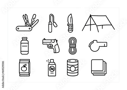 Survival Tools Icons. Outline icon set of backcountry survival tools: multitool, fire starter, survival knife,
