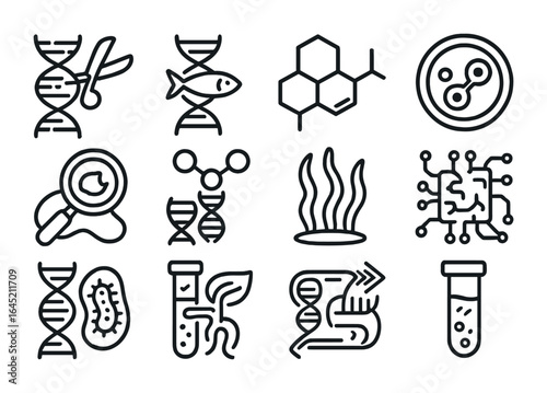 Bioengineering Marine Icons. Outline icon set of bioengineering from marine organisms: CRISPR icon, sea DNA