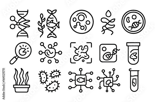 Bioengineering Marine Icons. Outline icon set of bioengineering from marine organisms: CRISPR icon, sea DNA
