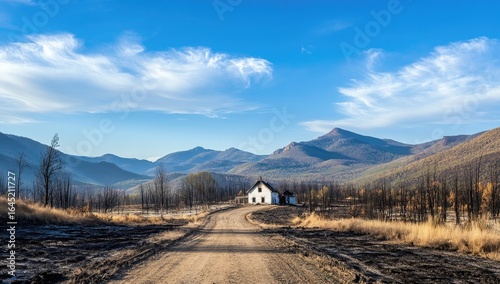 A photograph of a white farmhouse on a dirt road in the middle of a burned forest, with a blue sky and some clouds.