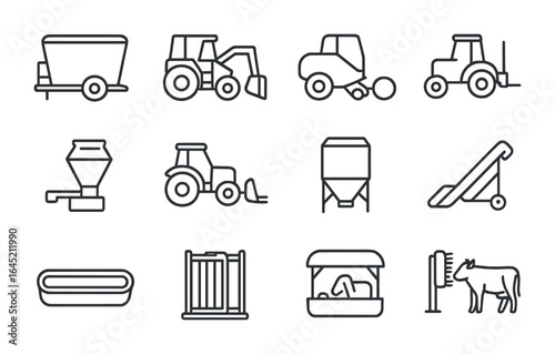 Livestock Equipment Icons. Outline icon set of livestock feeding machinery: feed mixer, trough loader, hay