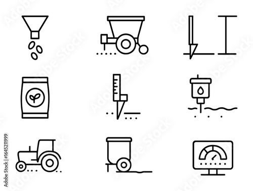 Crop Planting Icons. Outline icon set of crop planting process: seed dispenser, planter machine, row marker,