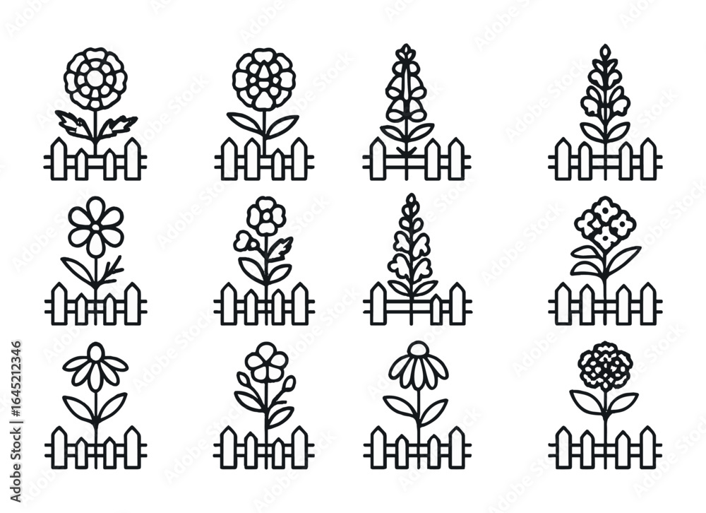 Fototapeta premium Floral Icon Grid. Outline icon set of flowers by the fence: marigold, zinnia, foxglove, salvia, cosmos,
