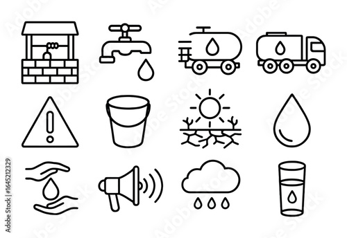 Water Scarcity Icons. Outline icon set of water scarcity: empty well, water rationing, faucet drip, dry field,