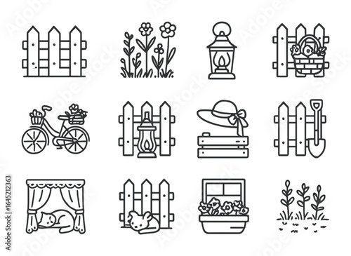 Cottagecore Icon Collection. Outline icon set of cottagecore fence scenes: old picket, wildflowers, bicycle,