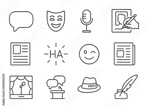 Satirical Icons Grid. Outline icon set of satire and commentary: cartoon bubble, parody mask, humor mic,