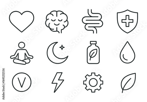 Tea Benefits Icon Set. Outline icon set of tea health benefits: heart icon, calm brain, digestion symbol,
