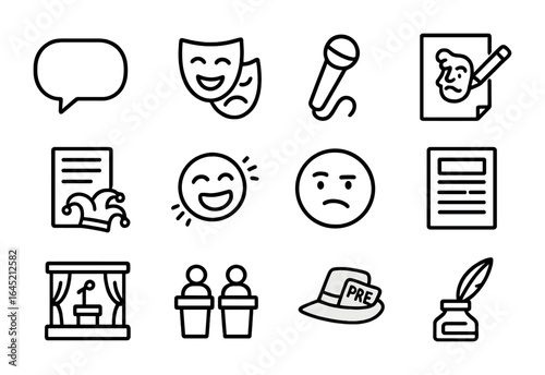 Satirical Icons Grid. Outline icon set of satire and commentary: cartoon bubble, parody mask, humor mic,