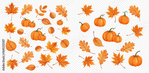 A collection of watercolor illustrations featuring autumn pumpkins and various orange fallen leaves like maple and oak, arranged in two sets.