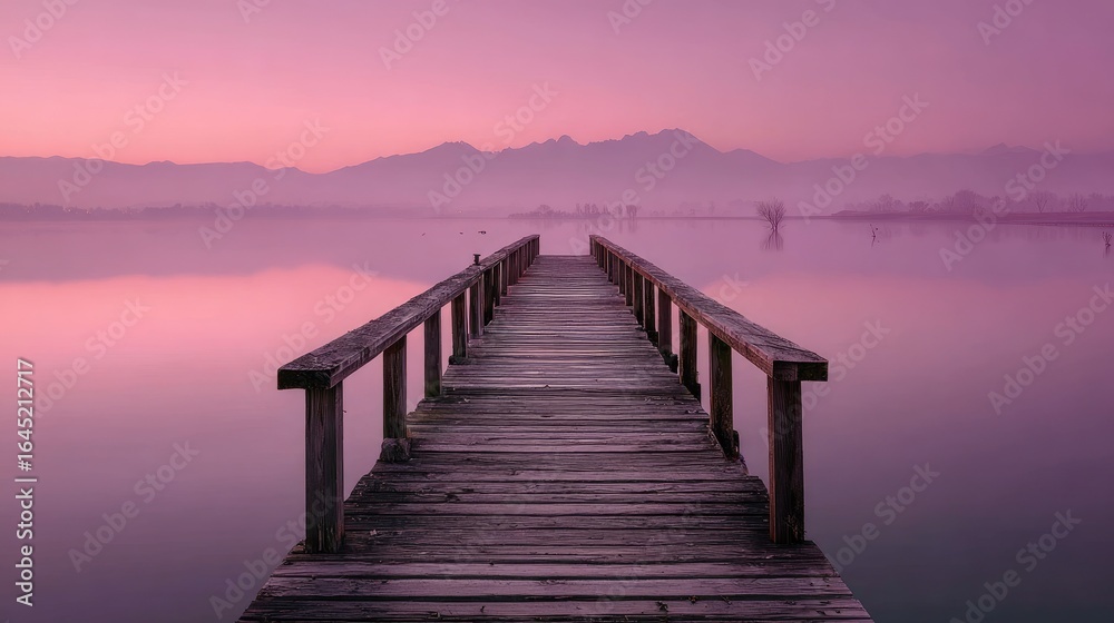 Fototapeta premium Serene wooden pier at dawn on a still lake