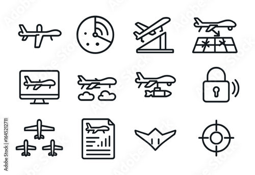 Military Drone Icons. Outline icon set of military drones: recon drone, radar ping, launch pad, tactical map,