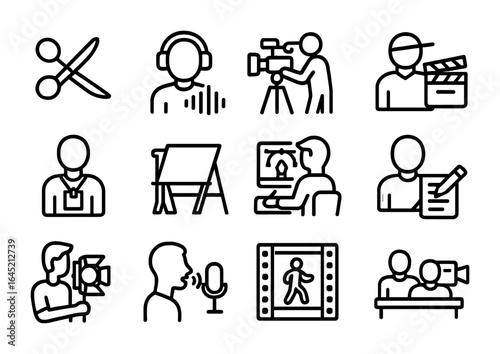 Media Production Icons. Outline icon set of media production careers: editor’s scissors, sound engineer,