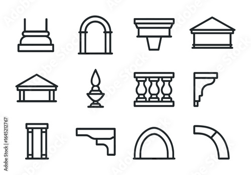 Architectural Icon Grid. Outline icon set of architectural details: column base, archway, keystone, cornice,