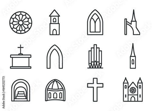 Cathedral Icon Set. Outline icon set of famous cathedrals: rose window, bell tower, stained glass, flying